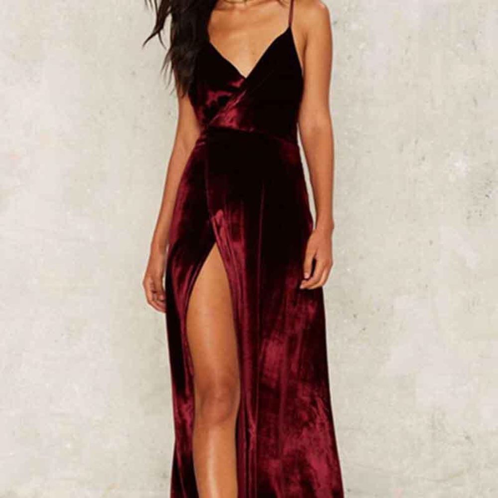Deep V Velvet Slit Bare Back Cami Dress. Size: L
